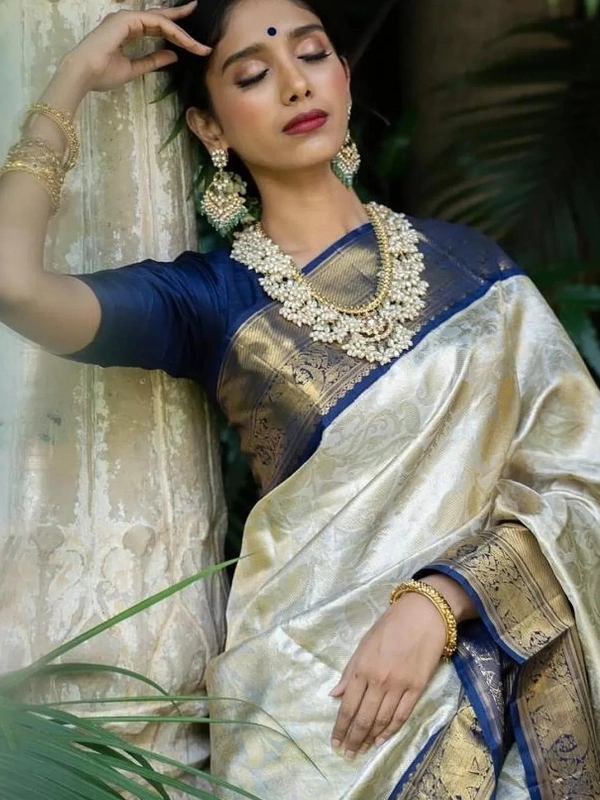 Grey soft kanjiwaram silver jacquard weaving work ceremonial saree
