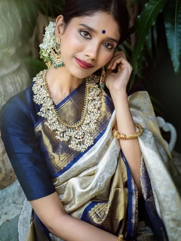 Grey soft kanjiwaram silver jacquard weaving work ceremonial saree