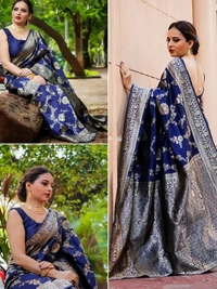 Blue soft lichi silk jacquard weaving work wedding saree