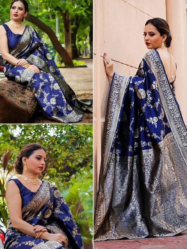 Blue soft lichi silk jacquard weaving work wedding saree