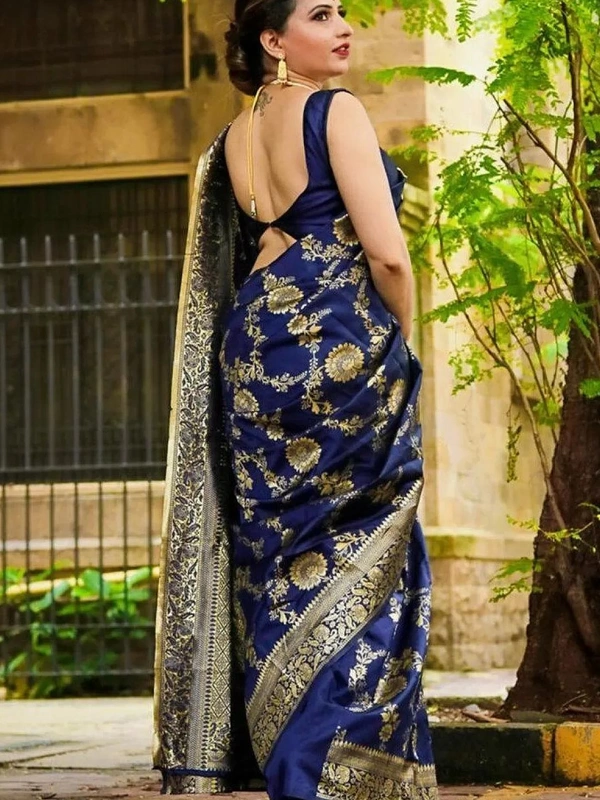 Blue soft lichi silk jacquard weaving work wedding saree