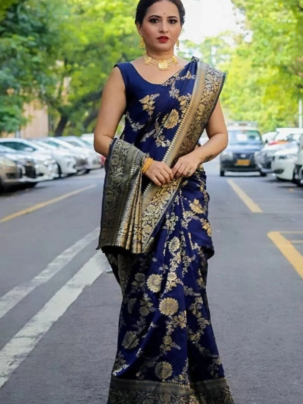 Blue soft lichi silk jacquard weaving work wedding saree
