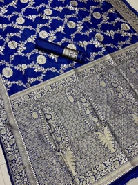 Blue soft lichi silk jacquard weaving work wedding saree