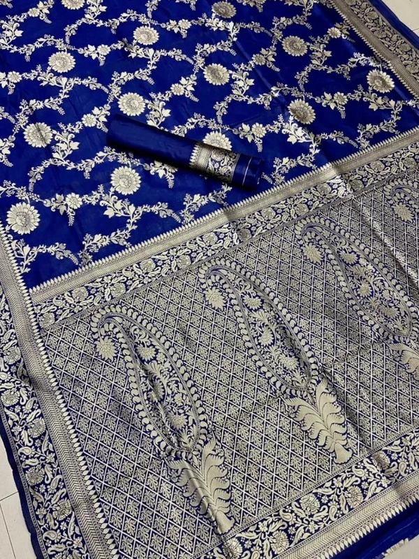 Blue soft lichi silk jacquard weaving work wedding saree