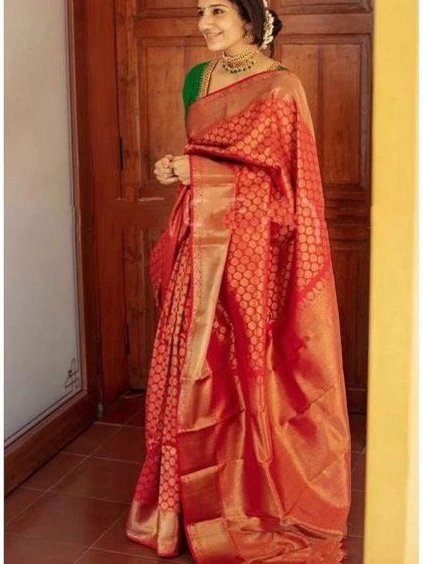 Red soft lichi silk jacquard weaving work party wear saree