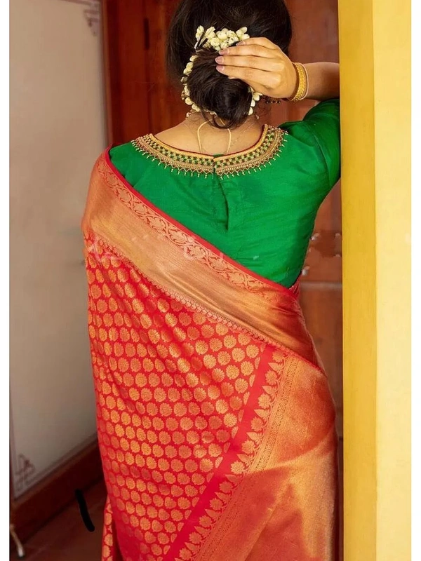 Red soft lichi silk jacquard weaving work party wear saree