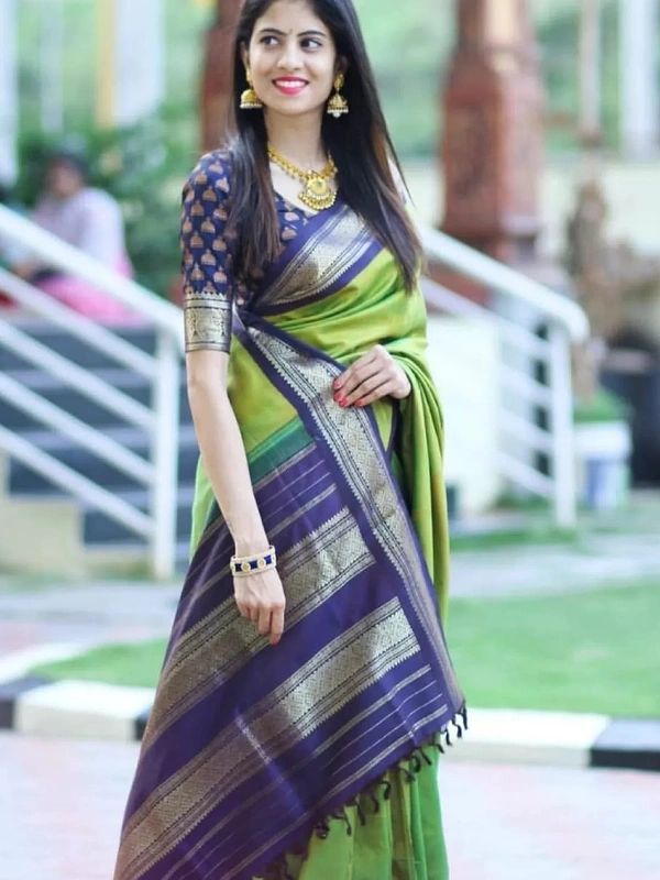 Neon green soft lichi silk jacquard weaving work wedding saree