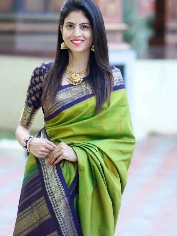 Neon green soft lichi silk jacquard weaving work wedding saree