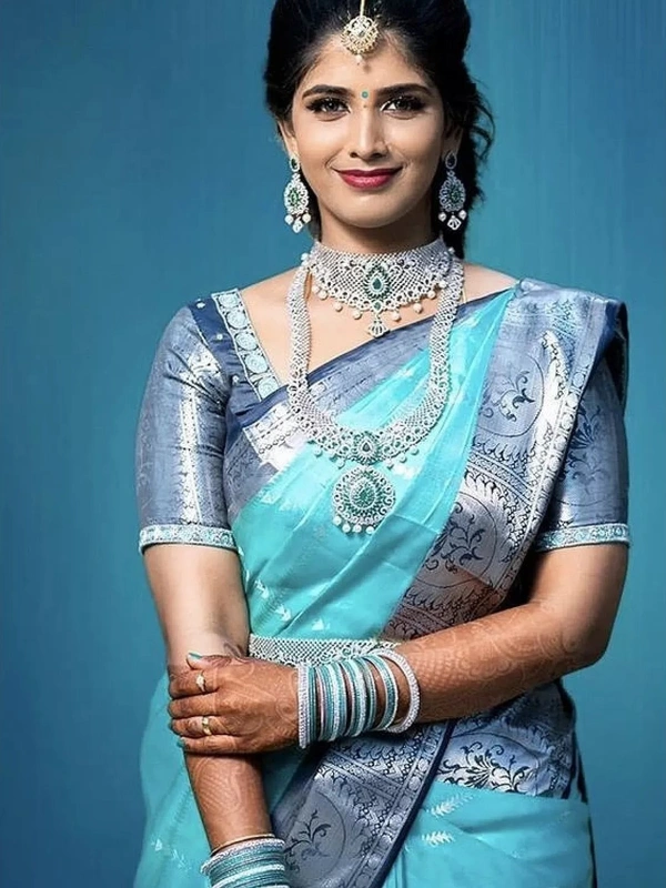 Sky blue soft lichi silk jacquard weaving work wedding saree
