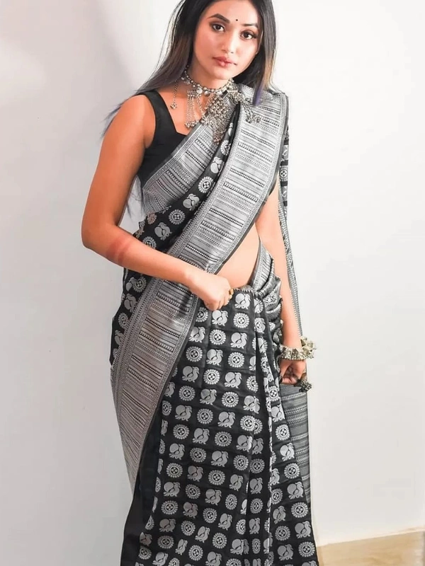 Black soft lichi silk jacquard weaving work wedding saree