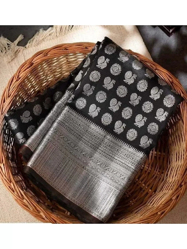 Black soft lichi silk jacquard weaving work wedding saree