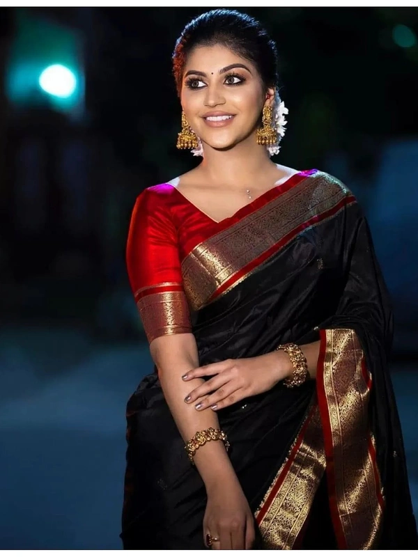 Black soft lichi silk jacquard zari weaving work designer saree