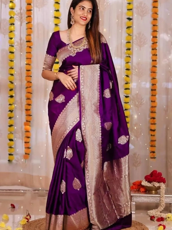 Purple soft lichi silk jacquard weaving work ceremonial saree
