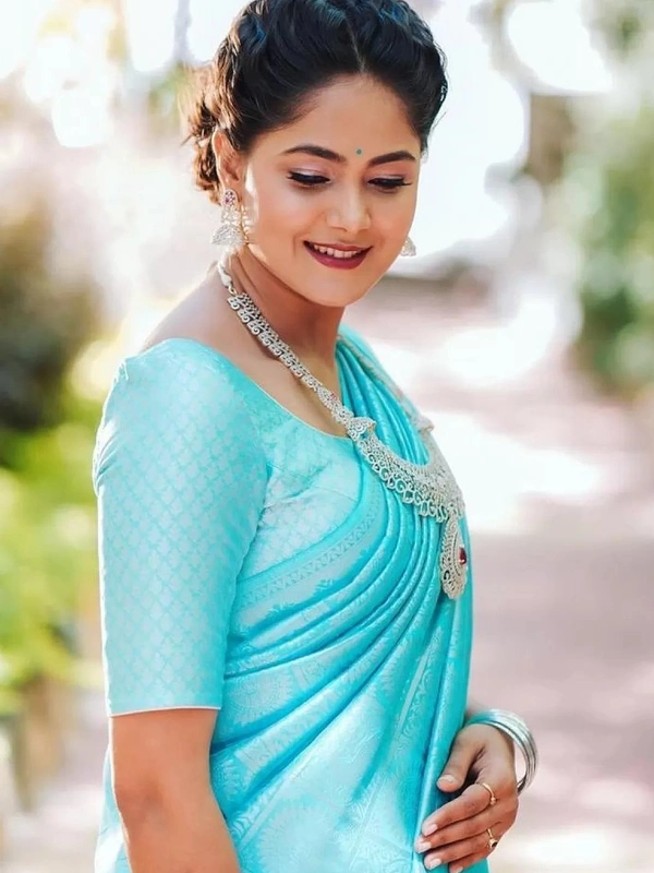 Sky blue kanchipuram silk jacquard weaving work wedding work saree