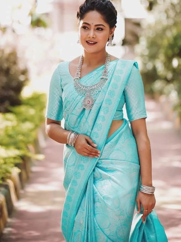 Sky blue kanchipuram silk jacquard weaving work wedding work saree
