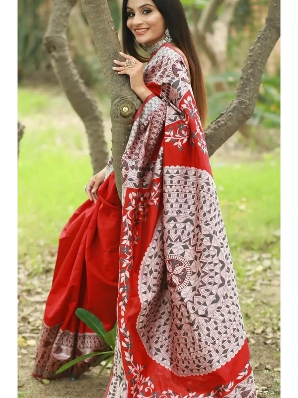 Red soft lichi silk jacquard weaving work party wear saree