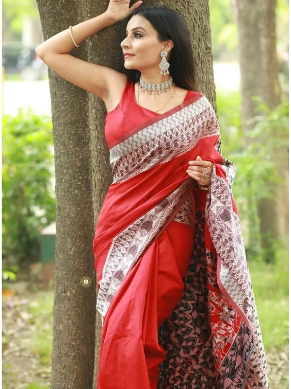 Red soft lichi silk jacquard weaving work party wear saree
