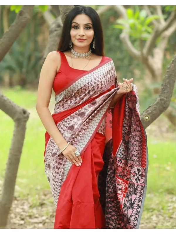 Red soft lichi silk jacquard weaving work party wear saree