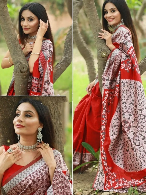 Red soft lichi silk jacquard weaving work party wear saree