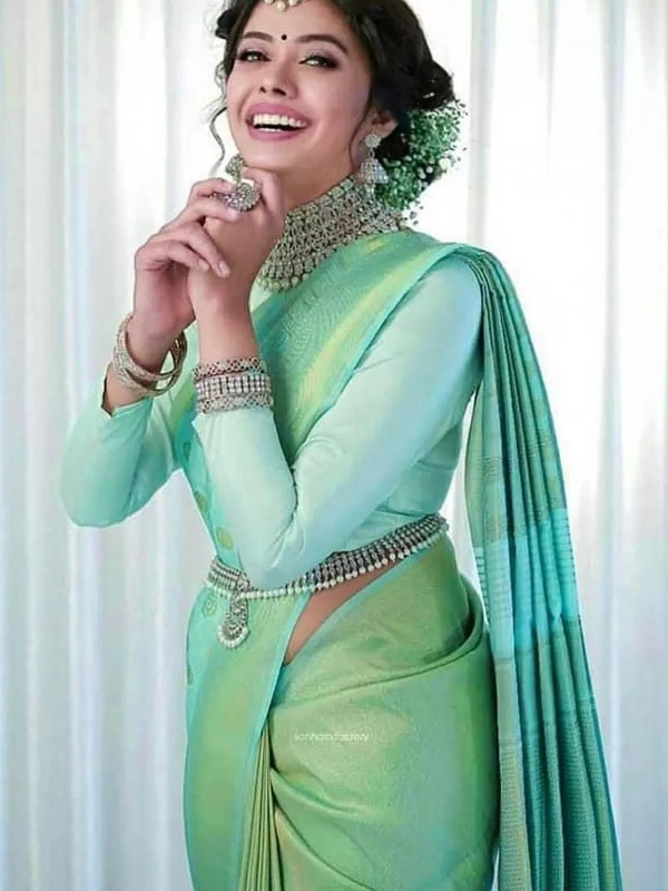 Sea green lichi silk jacquard weaving work wedding sare