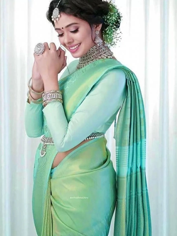 Sea green lichi silk jacquard weaving work wedding sare