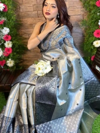 Grey soft lichi silk jacquard weaving work party wear saree