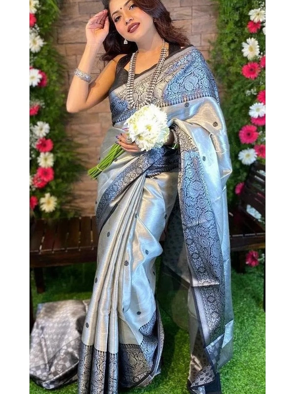 Grey soft lichi silk jacquard weaving work party wear saree