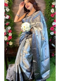 Grey soft lichi silk jacquard weaving work party wear saree