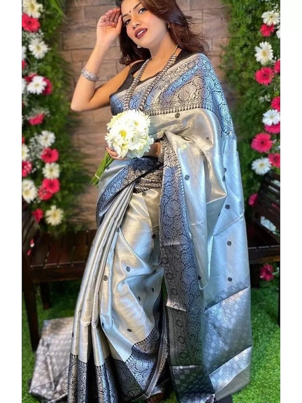 Grey soft lichi silk jacquard weaving work party wear saree