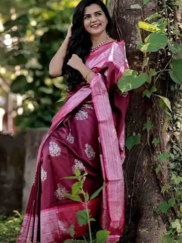 Wine soft lichi silk jacquard weaving border work saree