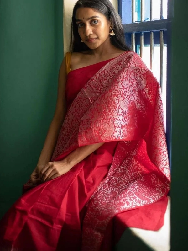 Red soft lichi silk jacquard weaving border work saree
