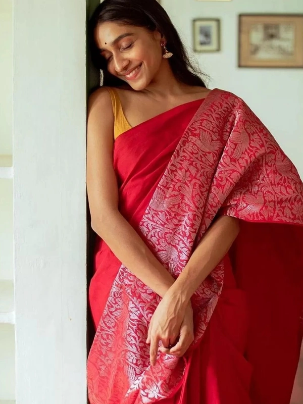 Red soft lichi silk jacquard weaving border work saree