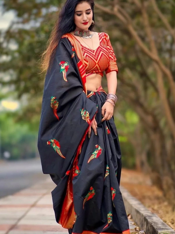 Black soft lichi silk jacquard zari weaving work designer saree