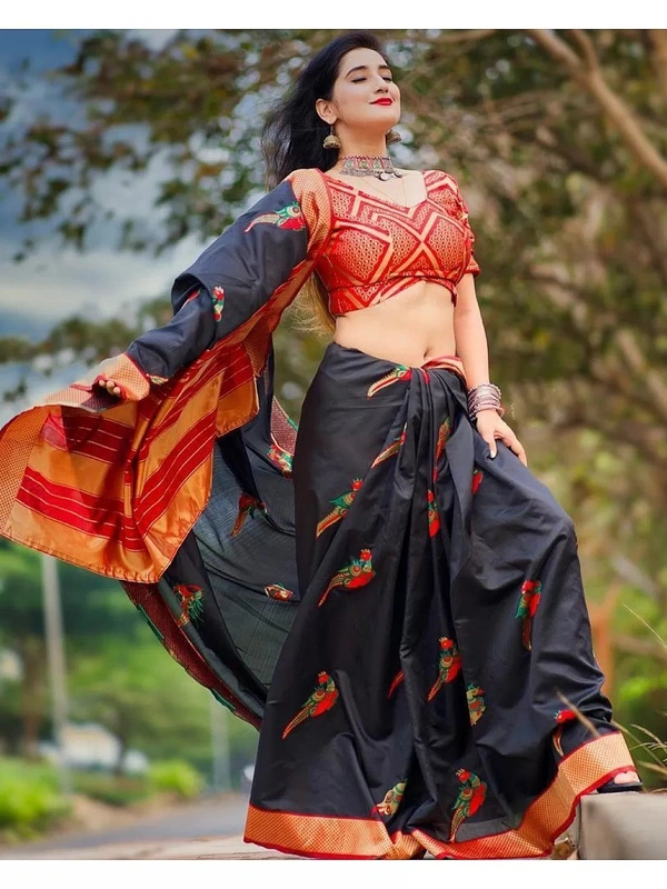 Black soft lichi silk jacquard zari weaving work designer saree