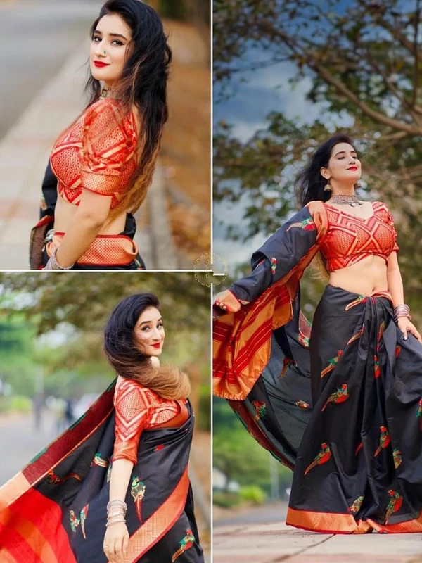 Black soft lichi silk jacquard zari weaving work designer saree