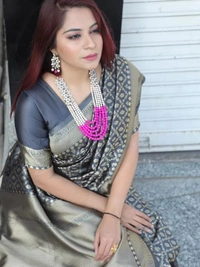 Grey pure lichi silk banarasi jacquard weaving work wedding saree