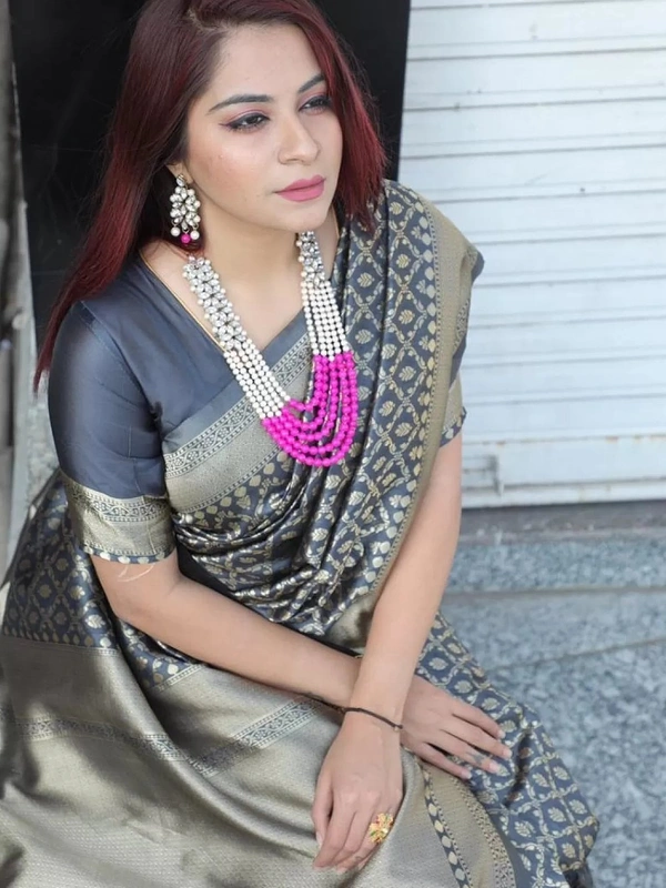 Grey pure lichi silk banarasi jacquard weaving work wedding saree