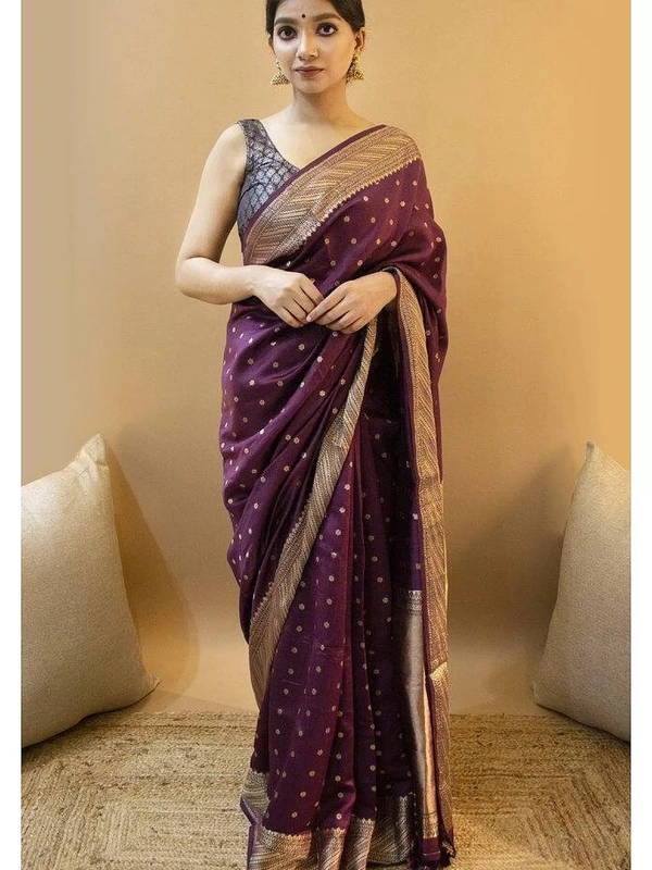 Dark purple soft lichi silk jacquard weaving work wedding saree