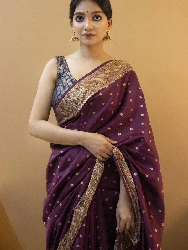 Dark purple soft lichi silk jacquard weaving work wedding saree