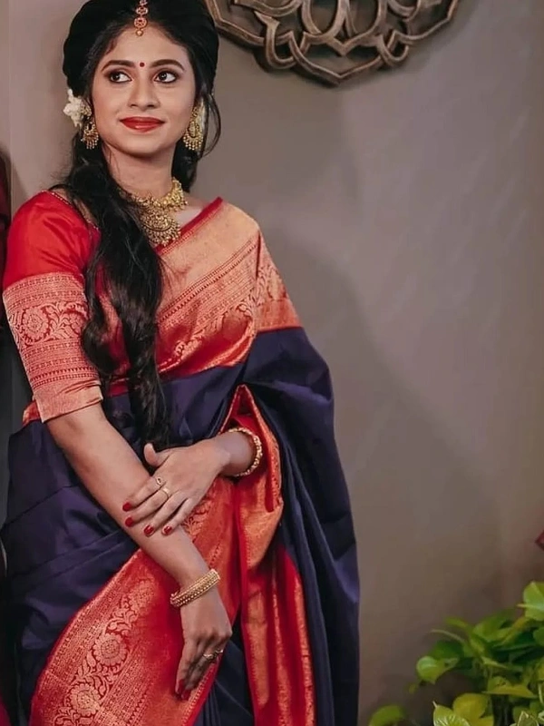 Blue soft lichi silk jacquard weaving work wedding saree
