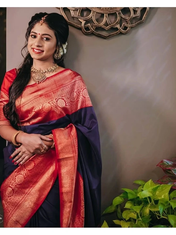 Blue soft lichi silk jacquard weaving work wedding saree