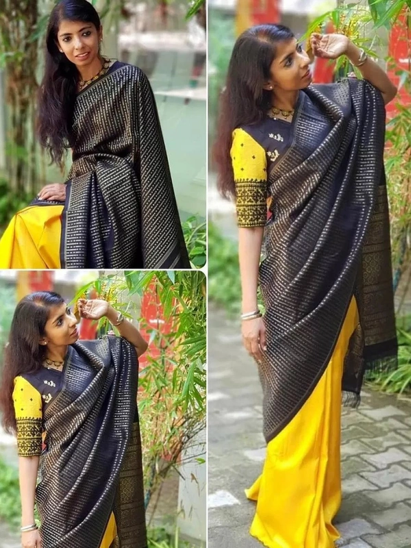 Yellow soft lichi silk golden zari jacquard weaving work saree