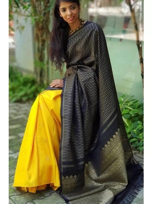 Yellow soft lichi silk golden zari jacquard weaving work saree