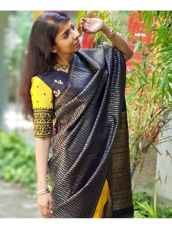 Yellow soft lichi silk golden zari jacquard weaving work saree