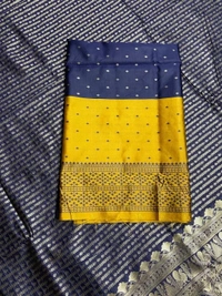 Yellow soft lichi silk golden zari jacquard weaving work saree