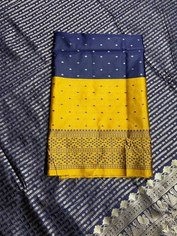 Yellow soft lichi silk golden zari jacquard weaving work saree