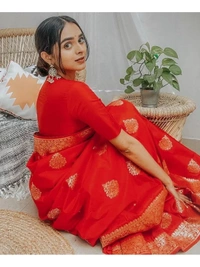 Red lichi silk jacquard weaving work wedding saree