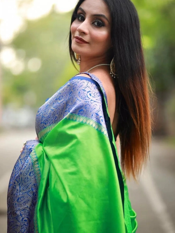 Neon green soft lichi silk jacquard weaving work saree