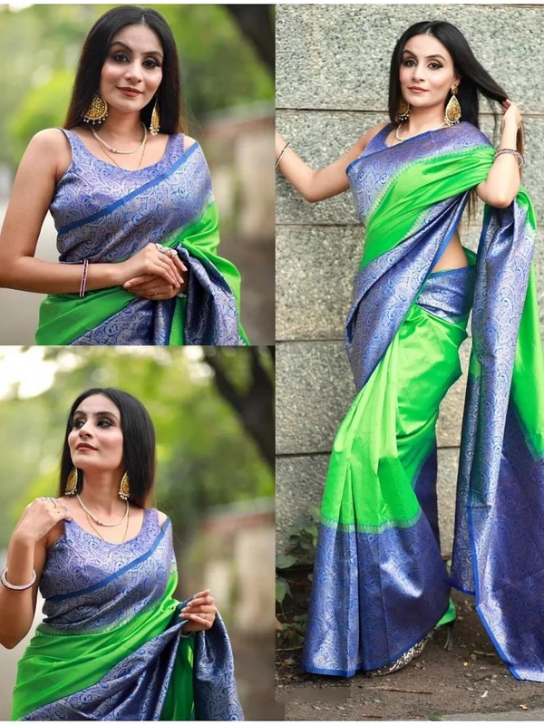 Neon green soft lichi silk jacquard weaving work saree