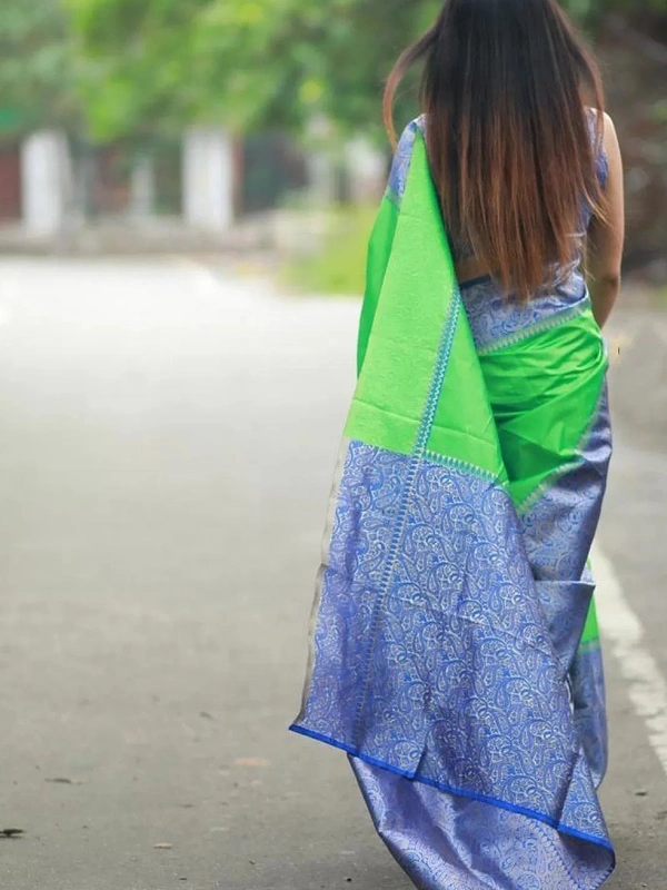 Neon green soft lichi silk jacquard weaving work saree